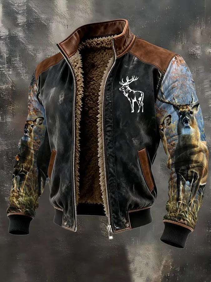 Men's Western Elk Retro Fleece Zip-Up Pullover Jacket