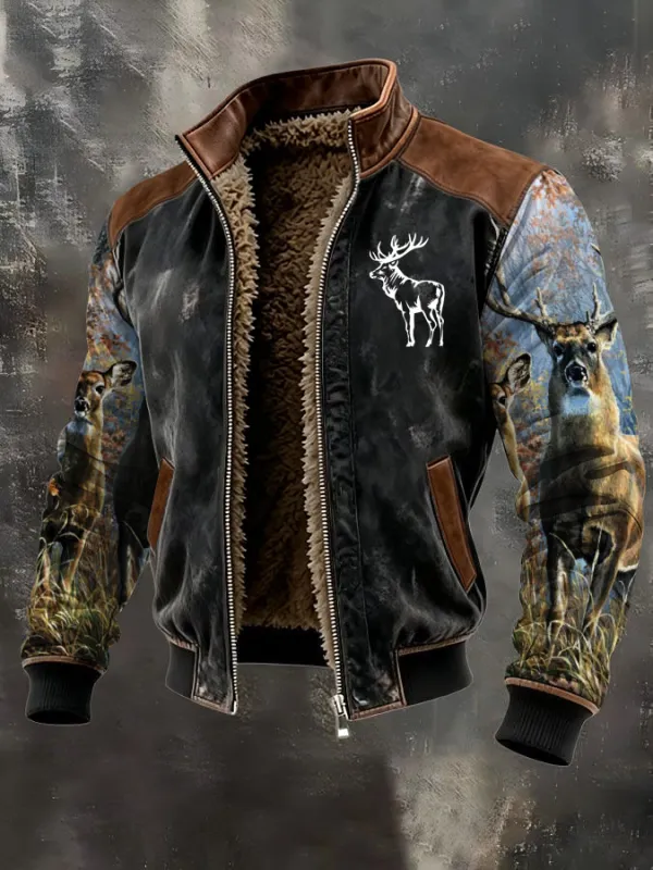 Men's Western Elk Retro Fleece Zip-Up Pullover Jacket