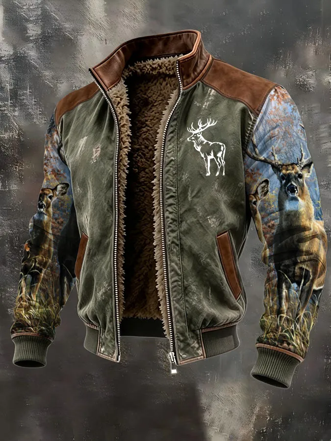 Men's Western Elk Retro Fleece Zip-Up Pullover Jacket