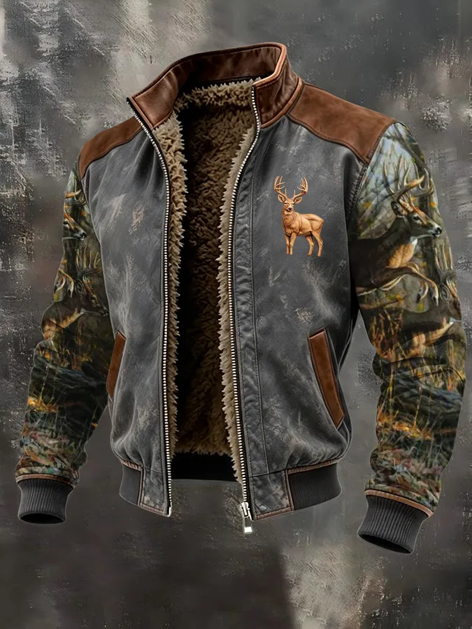 Men's Western Elk Retro Fleece Zip-Up Pullover Jacket