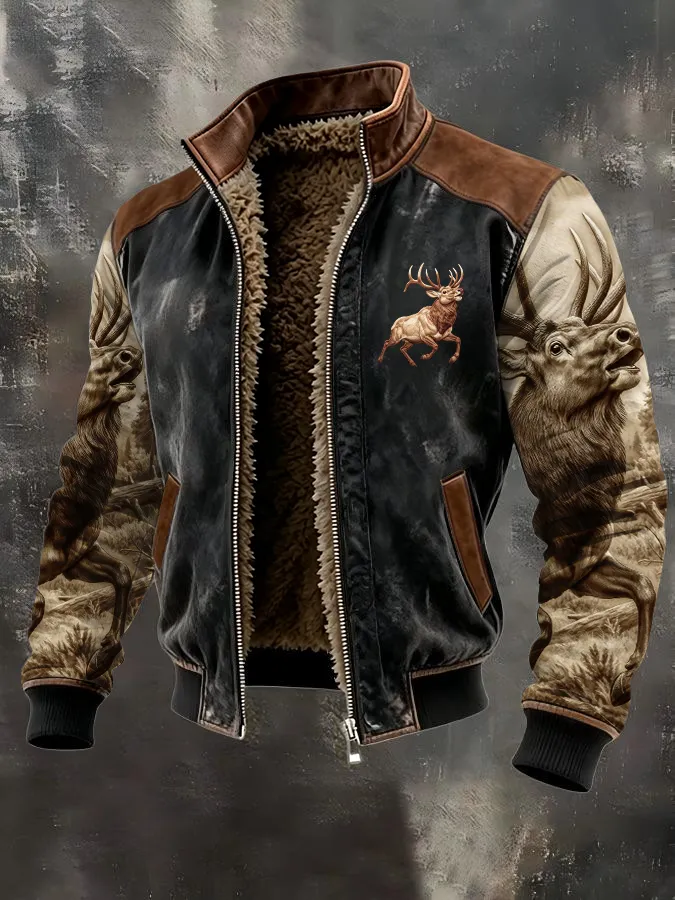 Men's Western Elk Retro Fleece Zip-Up Pullover Jacket