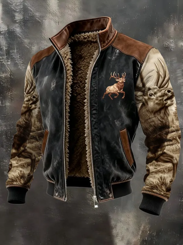 Men's Western Elk Retro Fleece Zip-Up Pullover Jacket