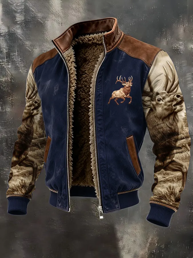 Men's Western Elk Retro Fleece Zip-Up Pullover Jacket