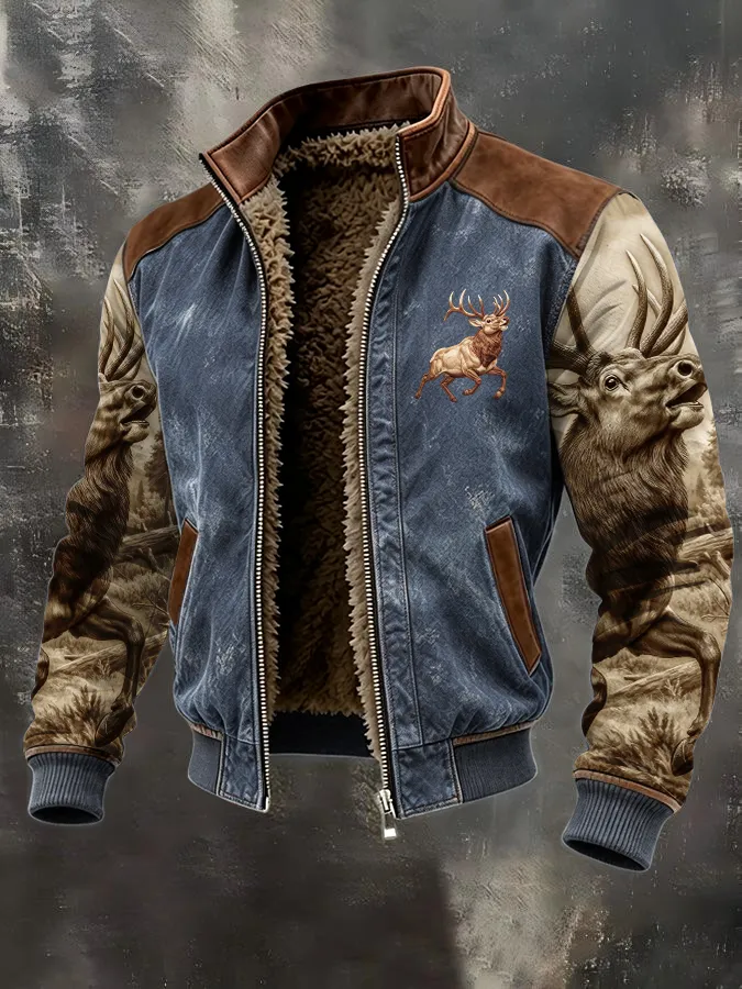 Men's Western Elk Retro Fleece Zip-Up Pullover Jacket