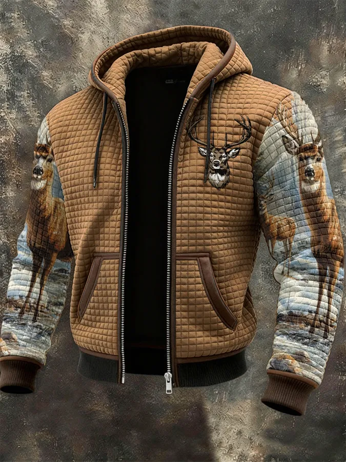 Men's Western Elk Print Zip-Up Jacket