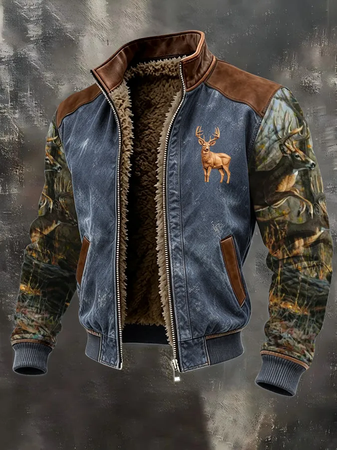 Men's Western Elk Retro Fleece Zip-Up Pullover Jacket