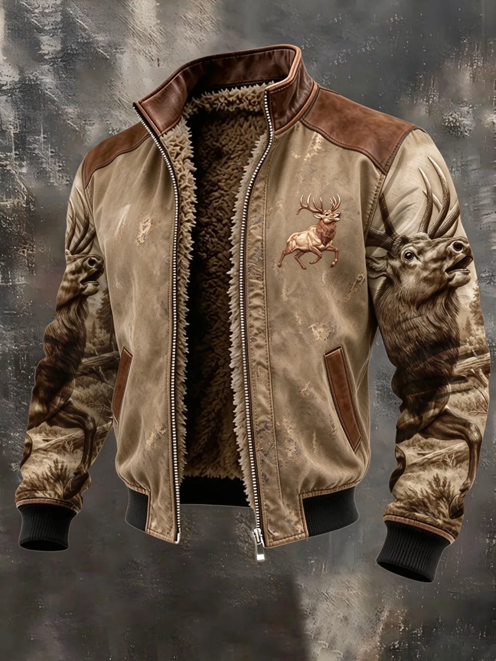 Men's Western Elk Retro Fleece Zip-Up Pullover Jacket