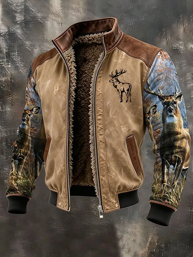 Men's Western Elk Retro Fleece Zip-Up Pullover Jacket