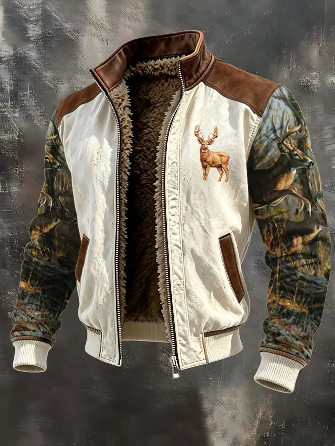 Men's Western Elk Retro Fleece Zip-Up Pullover Jacket