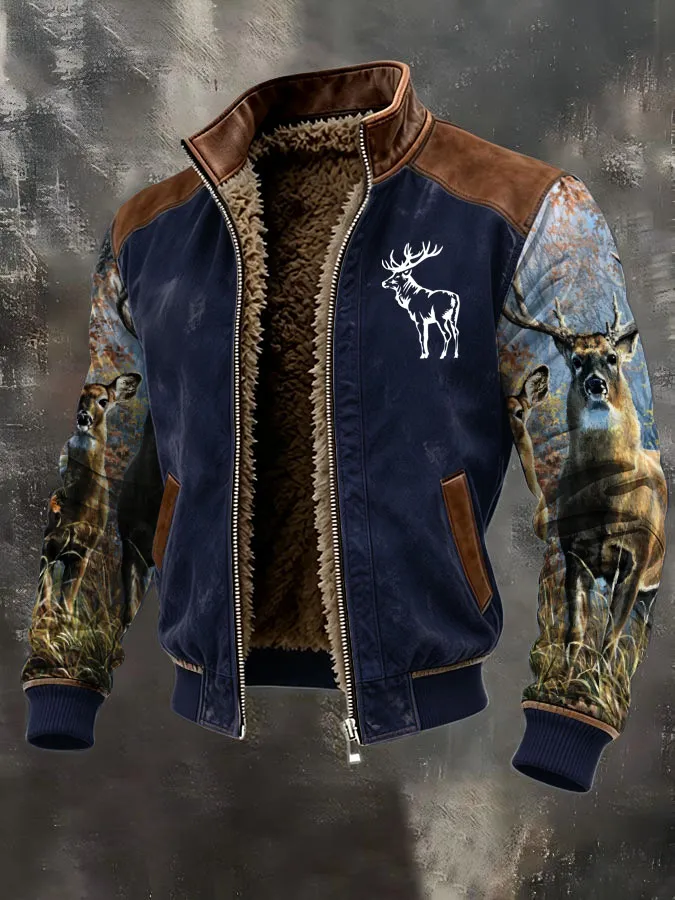 Men's Western Elk Retro Fleece Zip-Up Pullover Jacket