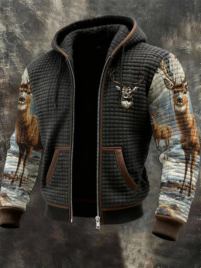 Men's Western Elk Print Zip-Up Jacket