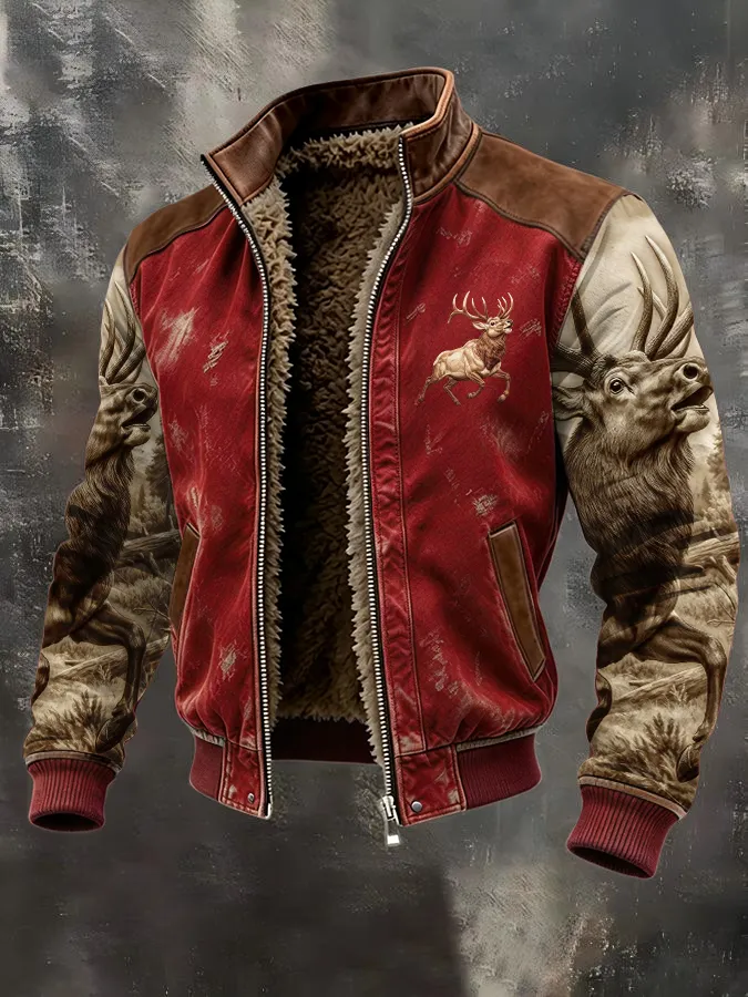 Men's Western Elk Retro Fleece Zip-Up Pullover Jacket