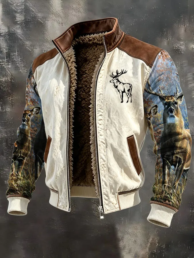 Men's Western Elk Retro Fleece Zip-Up Pullover Jacket
