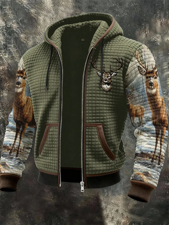 Men's Western Elk Print Zip-Up Jacket