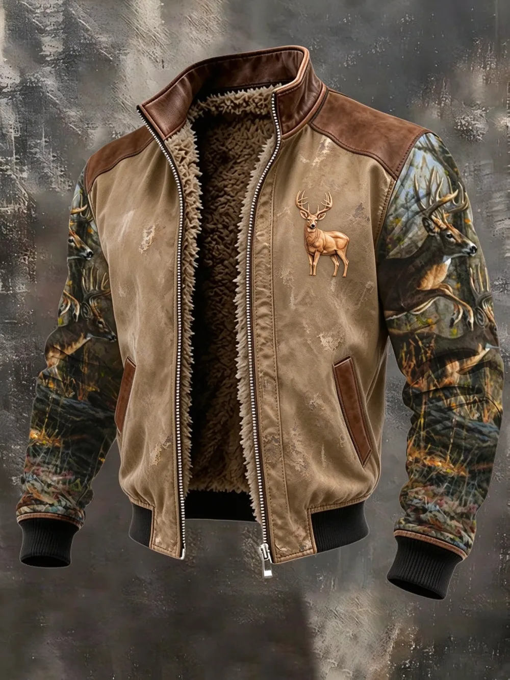 Men's Western Elk Retro Fleece Zip-Up Pullover Jacket