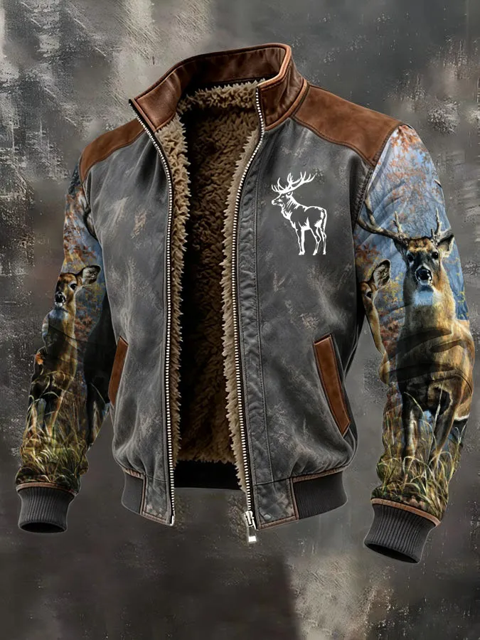 Men's Western Elk Retro Fleece Zip-Up Pullover Jacket