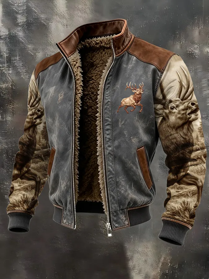 Men's Western Elk Retro Fleece Zip-Up Pullover Jacket