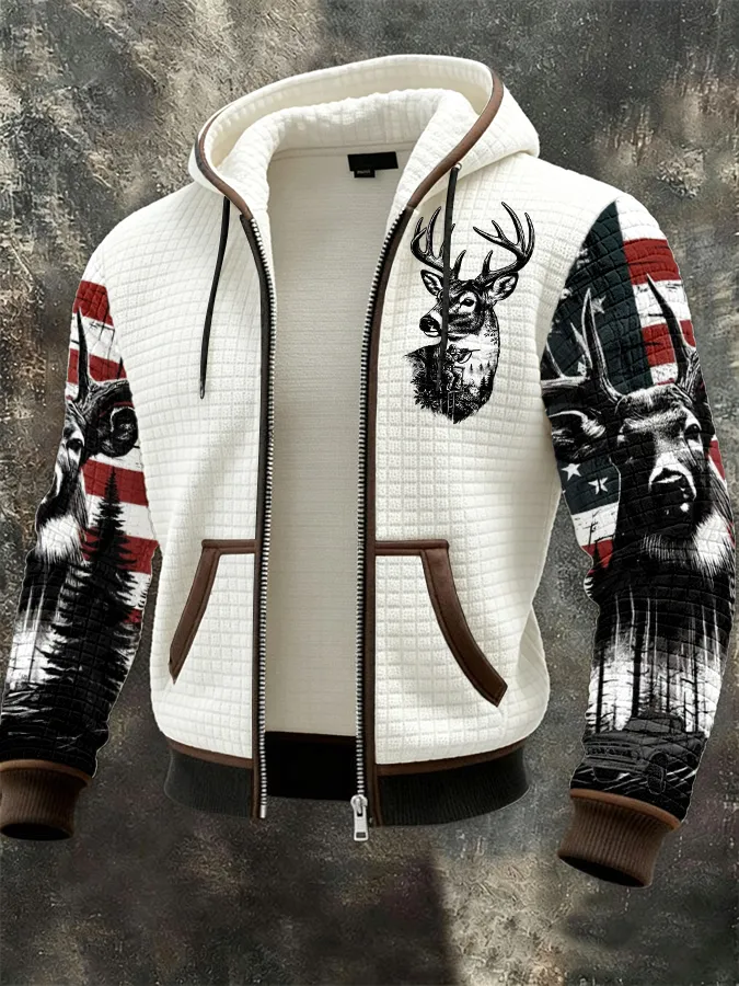 Men's Western Elk Print Zip-Up Jacket