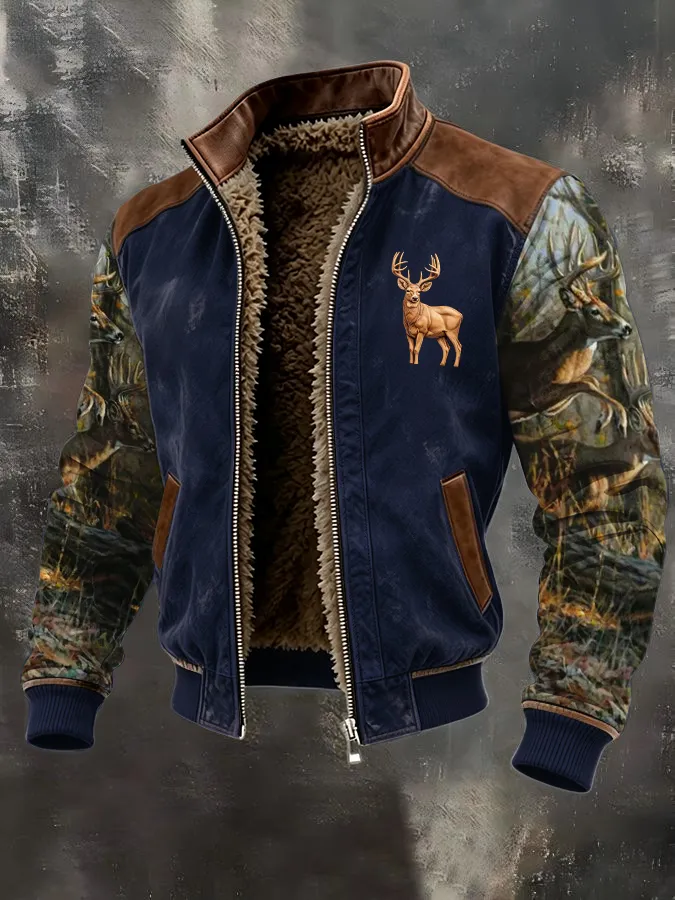 Men's Western Elk Retro Fleece Zip-Up Pullover Jacket