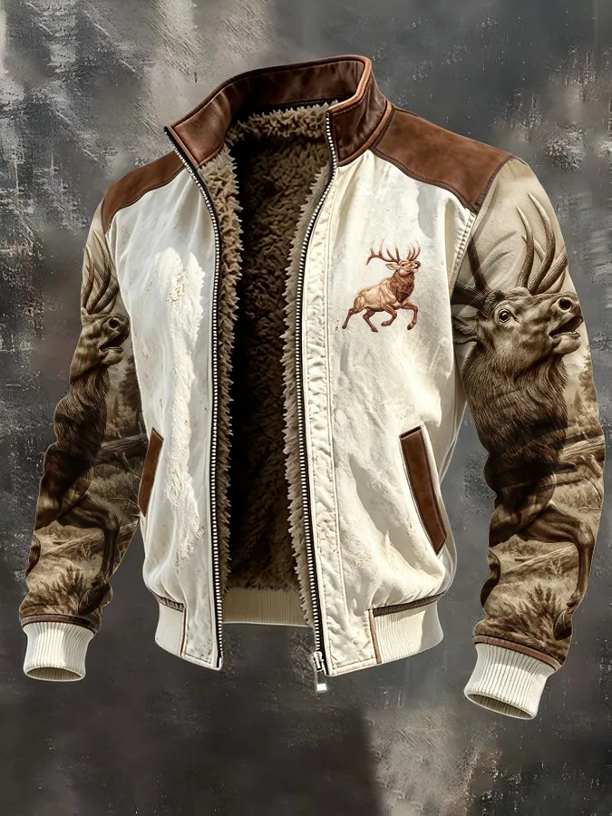 Men's Western Elk Retro Fleece Zip-Up Pullover Jacket