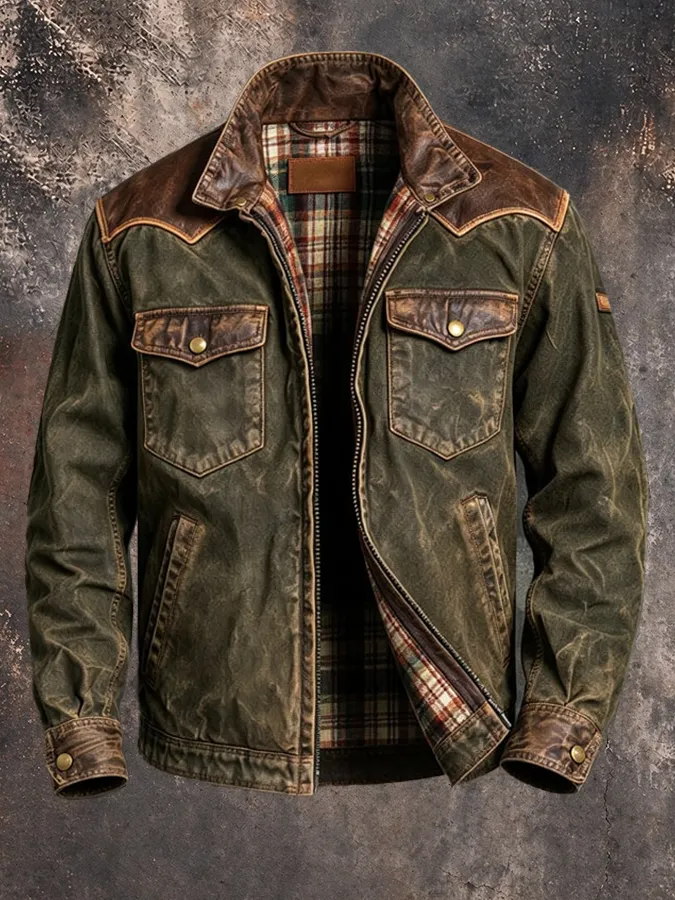 Men'S Vintage Western-Style Paneled Leather Shirt Jacket With Plaid Lining