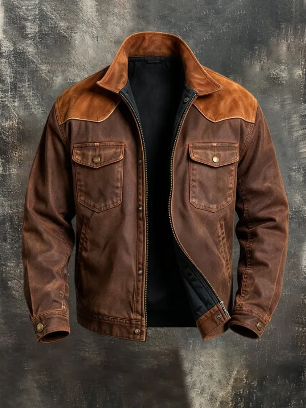 Men'S Vintage Western-Style Color-Block Suede Jacket With Paneling