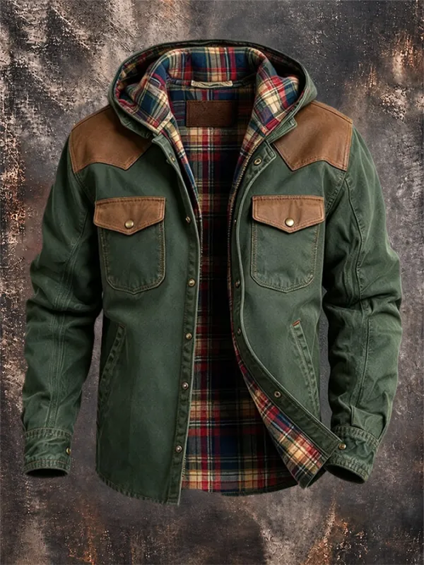 Men'S Vintage Western-Style Color-Block Hooded Jacket With Plaid Lining