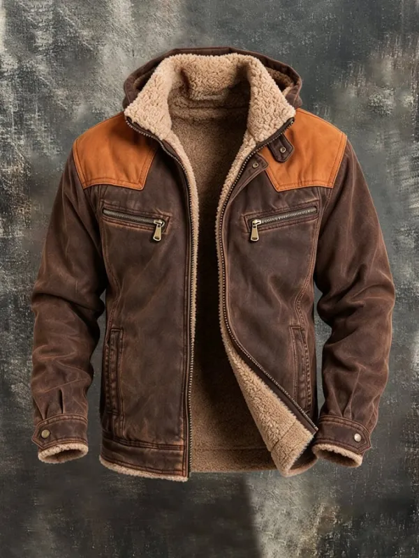 Men'S Vintage Western-Style Color-Block Hooded Shirt Jacket With Fleece Lining
