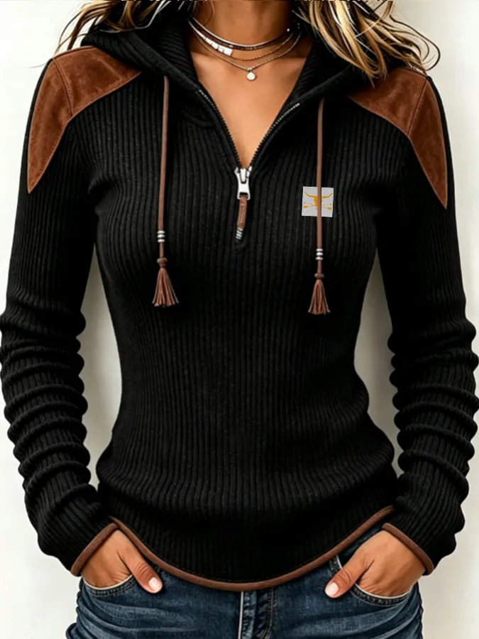 Women'S Contrasting Printed Zipper Hoodie