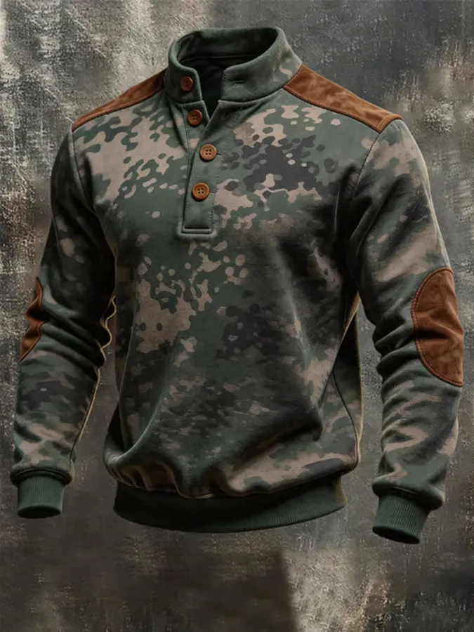 Men'S Camouflage Printed Casual Button Top