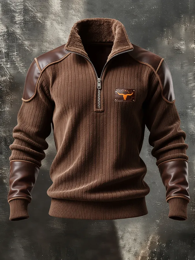 Men'S Retro Texture Knitted Wool Lined Zipper Collar Sweatshirt