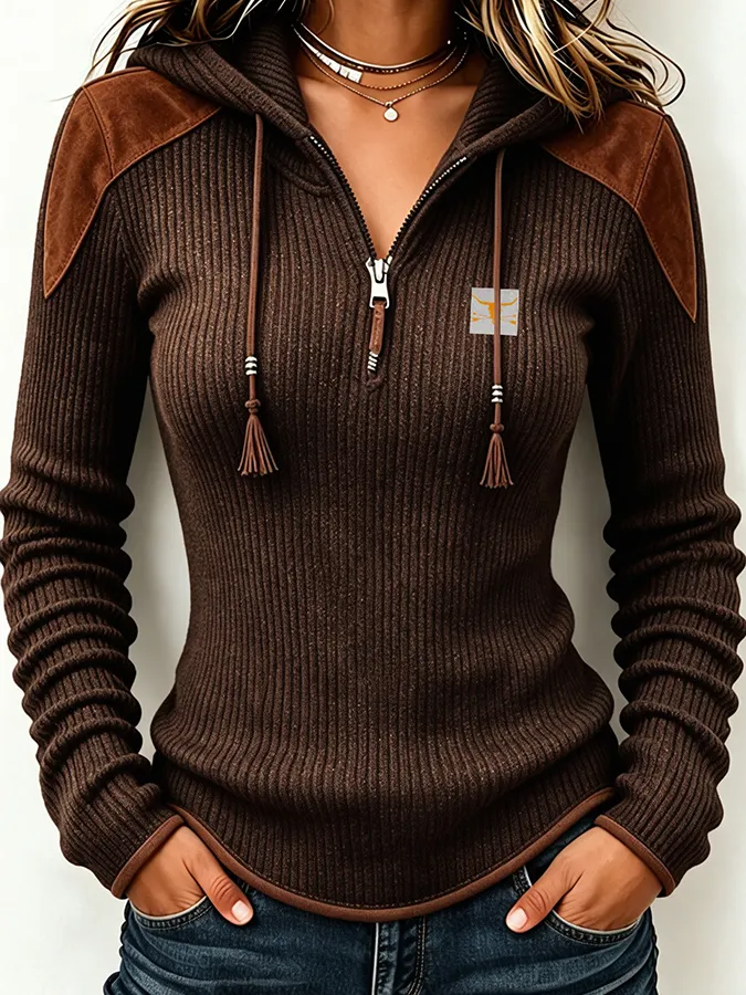 Women'S Contrasting Printed Zipper Hoodie