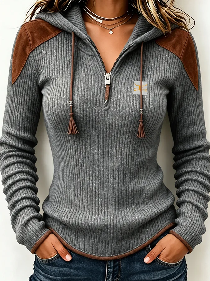 Women'S Contrasting Printed Zipper Hoodie