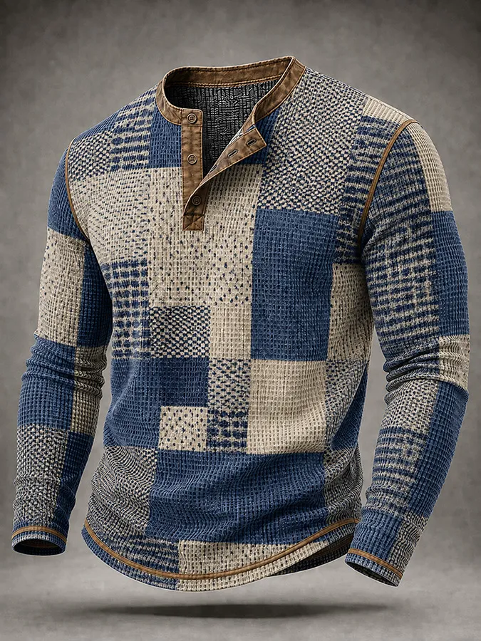 Men'S Western Style Block Printed Waffle Top