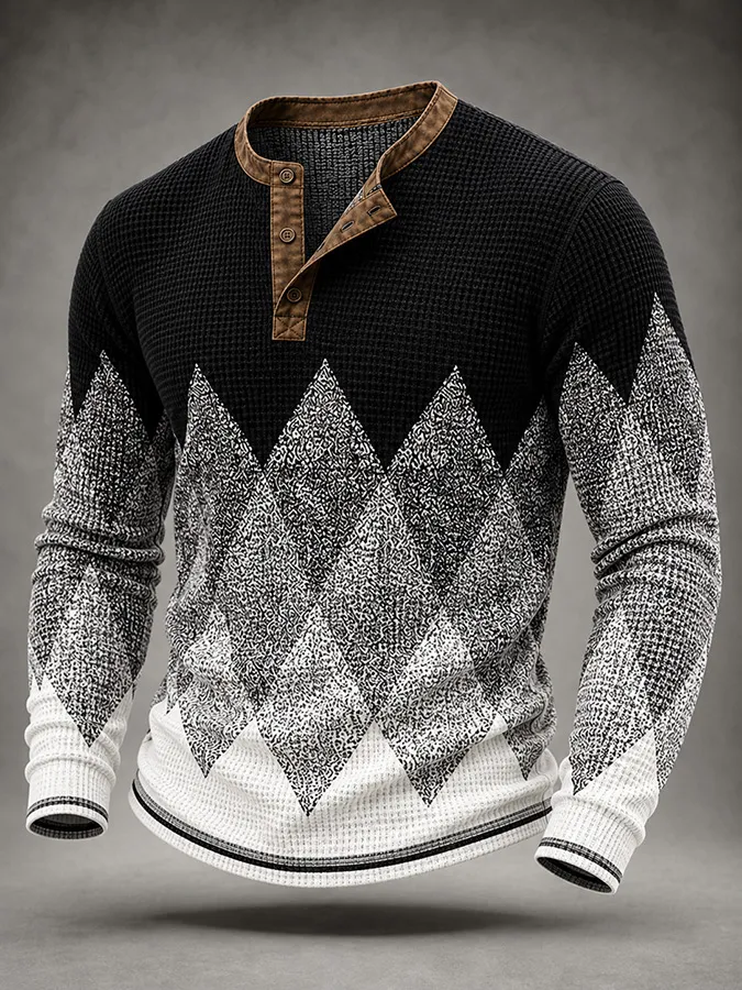 Men'S Western Style Contrasting Printed Waffle Top