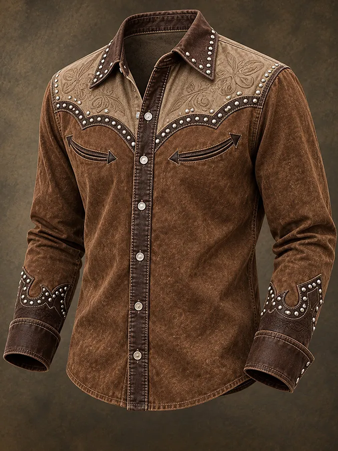 Men'S Retro Contrasting Printed Long Sleeved Shirt