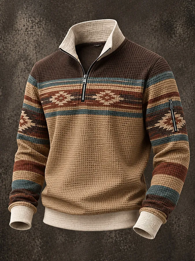 Men'S Western Printed Waffle Zipper Hoodie