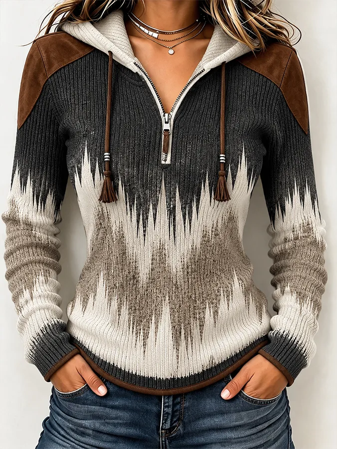 Women'S Contrasting Printed Zipper Hoodie
