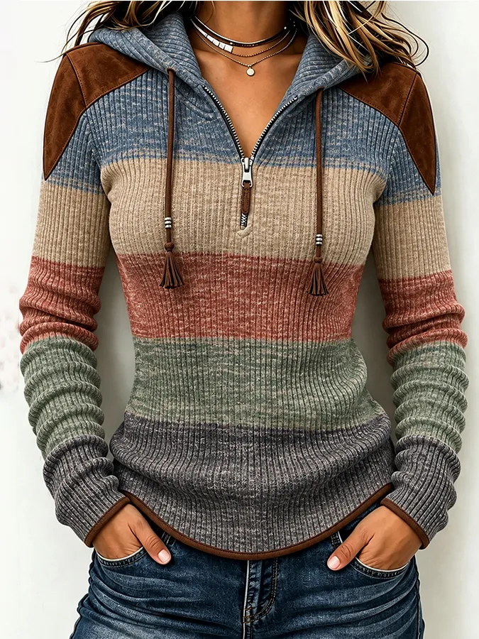 Women'S Contrasting Printed Zipper Hoodie