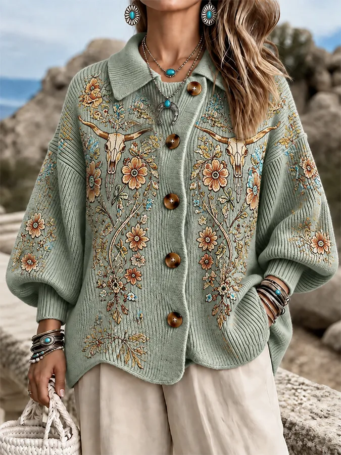 Ladies' Casual Retro Floral Sweater