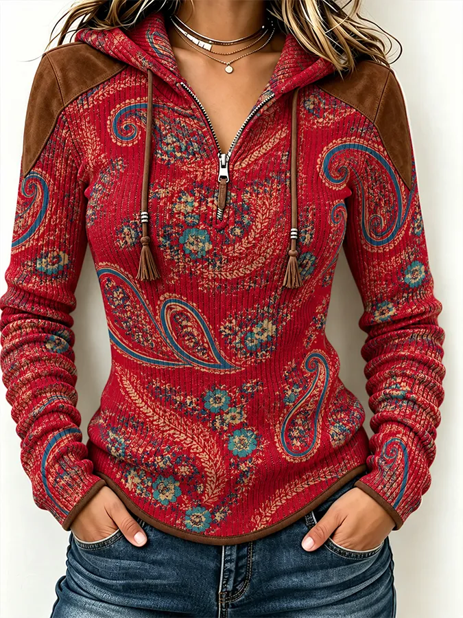 Women'S Retro Floral Printed Zipper Hoodie