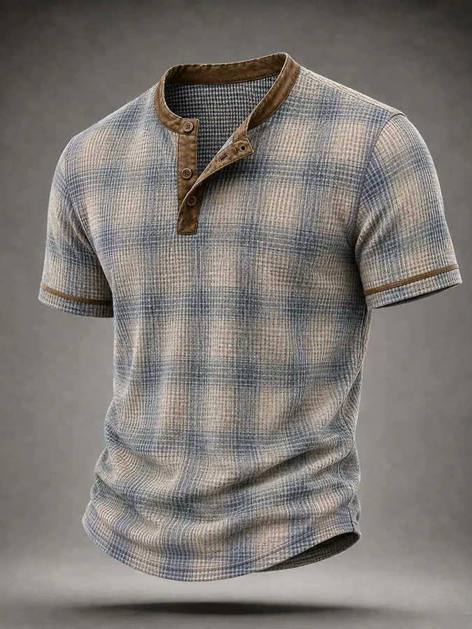 Men'S Casual Waffle Short Sleeved Henley Shirt