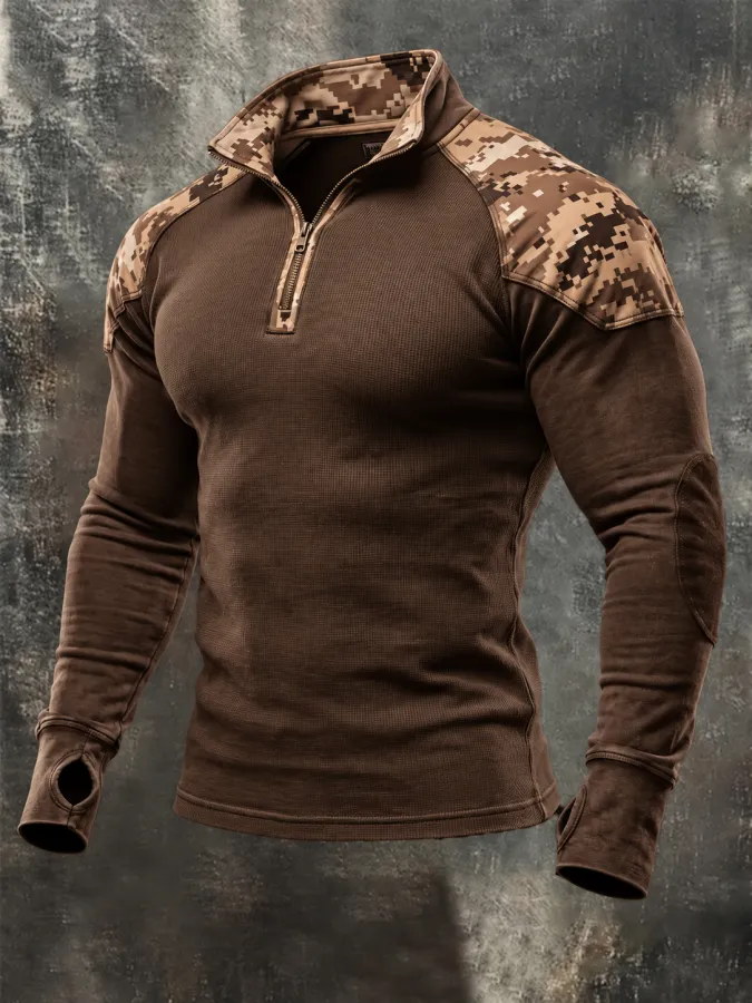 Men'S Vintage Cotton Waffle-Knit Camo-Panel Zip-Up Sweatshirt