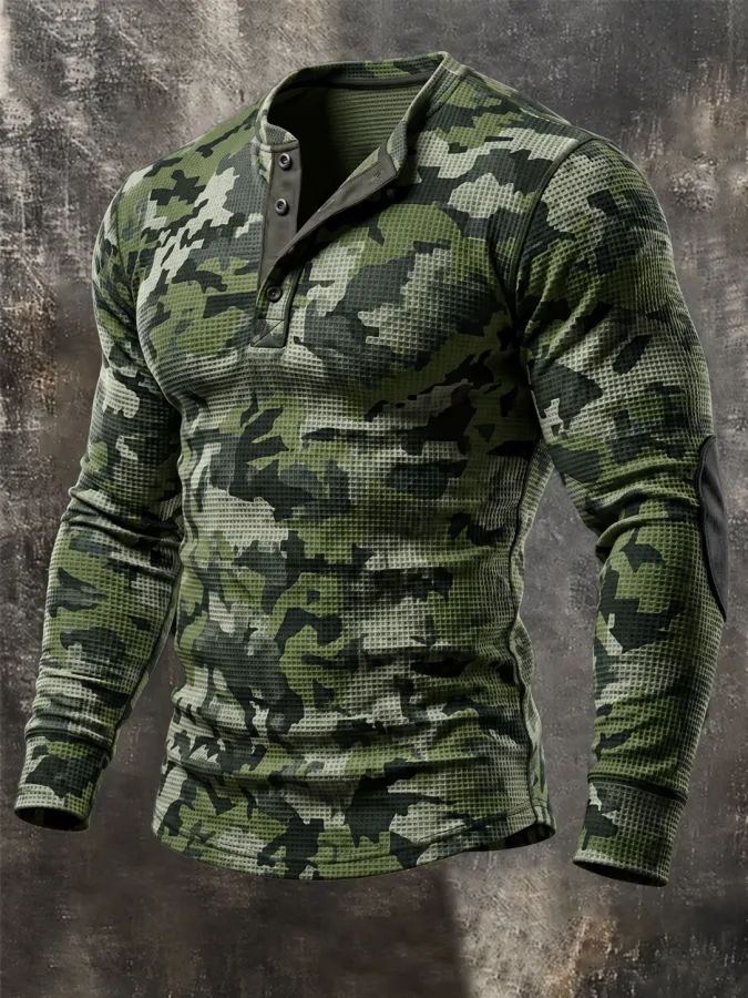 Men'S Vintage Camouflage Long-Sleeve Henley T-Shirt