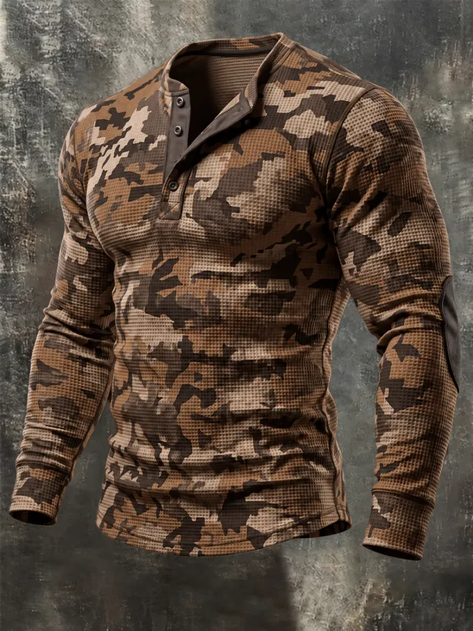Men'S Vintage Camouflage Long-Sleeve Henley T-Shirt