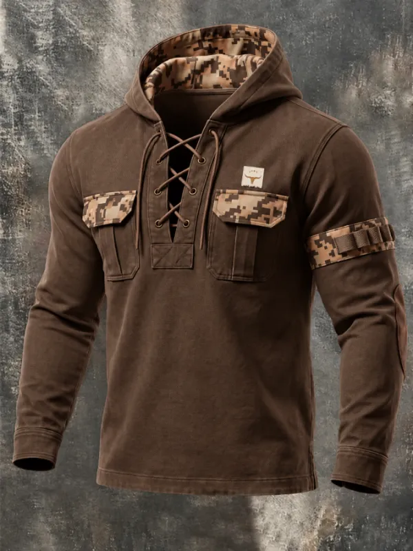 Men'S Outdoor Camouflage-Panel Hoodie With Drawstring Collar