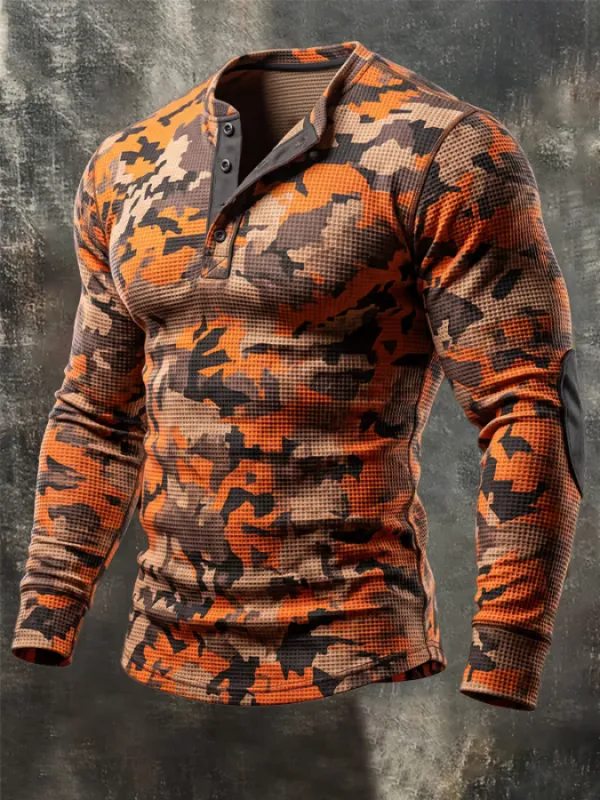 Men'S Vintage Camouflage Long-Sleeve Henley T-Shirt