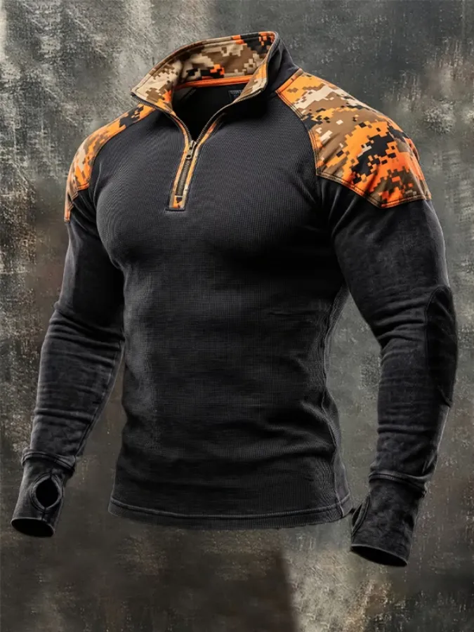 Men'S Vintage Cotton Waffle-Knit Camo-Panel Zip-Up Sweatshirt