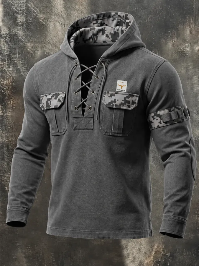Men'S Outdoor Camouflage-Panel Hoodie With Drawstring Collar