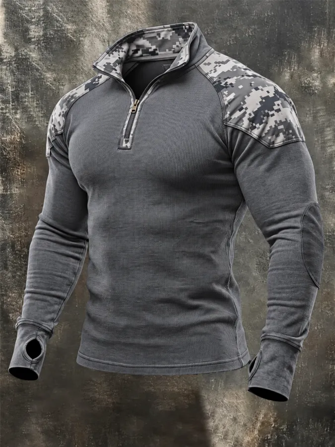 Men'S Vintage Cotton Waffle-Knit Camo-Panel Zip-Up Sweatshirt